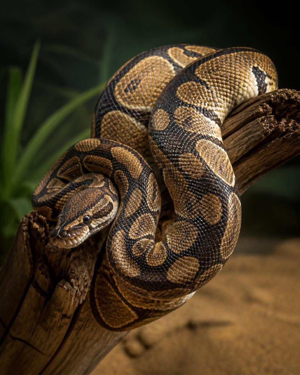 Ball python coiled on a branch during a hands-on reptile encounter