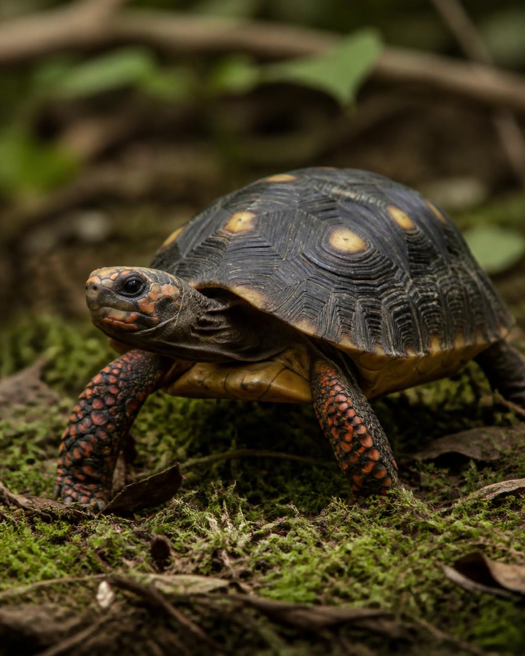 Red-footed tortoise walking on mossy ground at a community event
