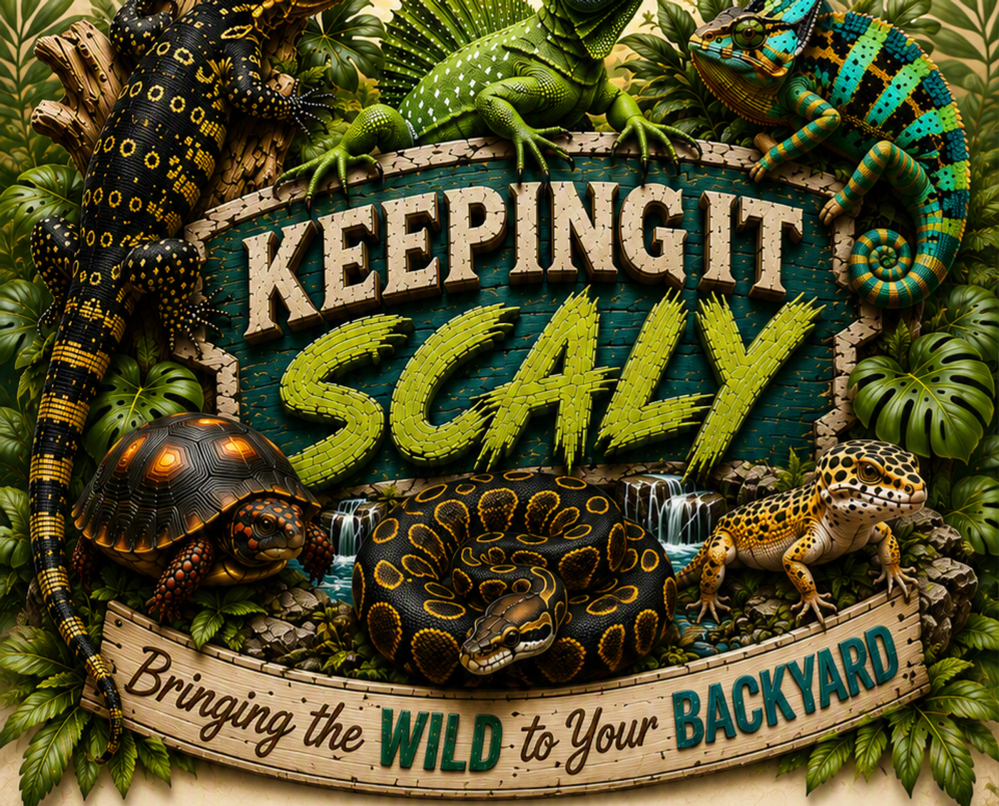 Keeping It Scaly illustrated sign surrounded by snakes, lizards, a tortoise and a chameleon