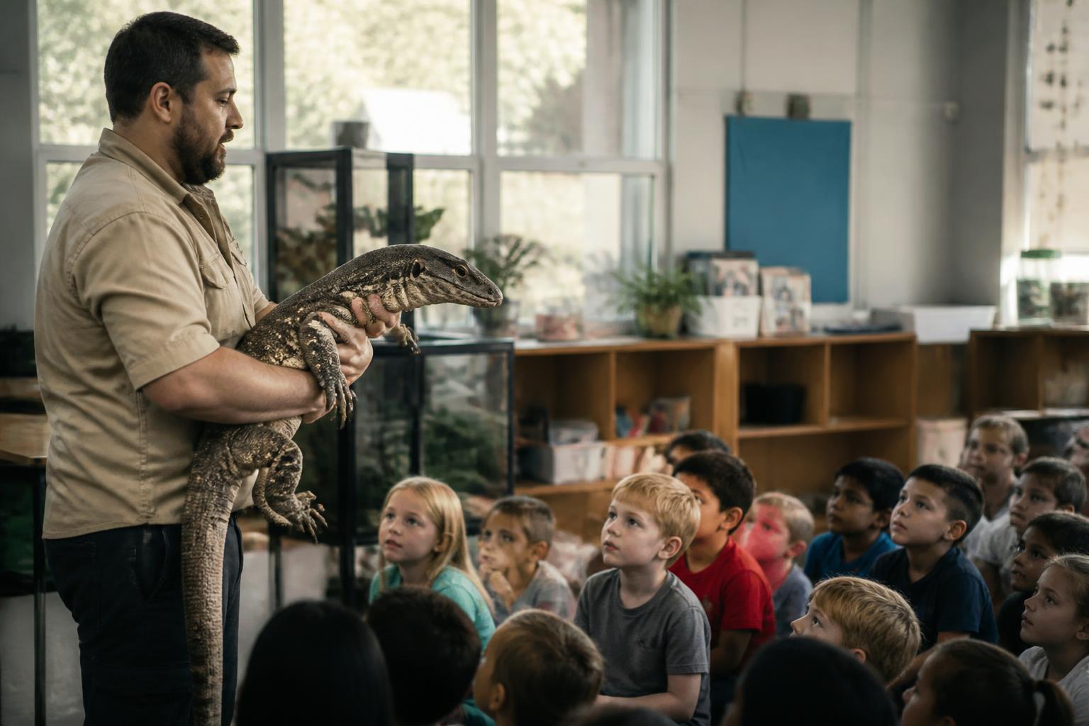Reptile educator presenting a monitor lizard to a classroom of attentive students
